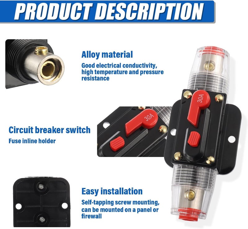 BOJACK 30A Audio Inline Circuit Breaker Reset Fuse Holder 12-24V DC Manual Reset Fuse Holder 3-15 AWG Overload Protection for Car Audio Sound Amplifier System RV Marine Boat Truck Solar Inverter - Image 3
